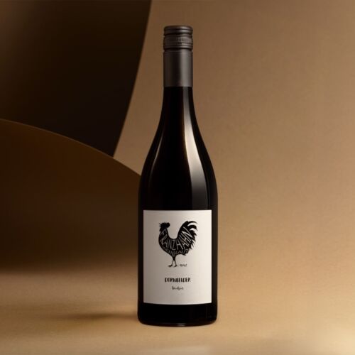 Eine dunkle Dornfelder-Weinflasche mit Schraubverschluss steht auf einer beigen Fläche. Auf dem weißen Etikett ist über dem Text ein schwarzer Hahn abgebildet. Der sanft beleuchtete Hintergrund weist Braun- und Goldtöne auf.