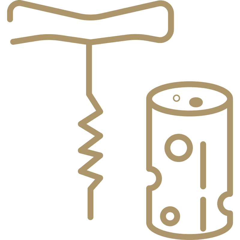 Eine einfache Strichzeichnung eines Korkenziehers und eines Weinkorkens, beide in Braun auf weißem Hintergrund dargestellt.