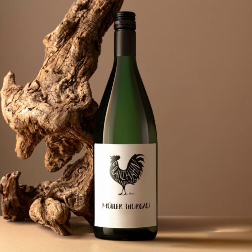 Eine Weinflasche mit einem weißen Etikett, auf dem ein schwarzer Hahn und der Text "Müller Thurgau" abgebildet sind. Die Flasche steht auf einer beigen Fläche neben einem großen, strukturierten Stück Treibholz.