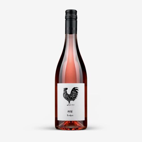 Eine Flasche Roséwein mit einem schwarzen Schraubverschluss. Auf dem Etikett sind ein schwarzer Hahn und die Worte "Rosé" und "Funkyshop" auf weißem Hintergrund abgebildet. Der Wein hat eine hellrosa Farbe.