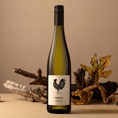 Eine Weißweinflasche mit schwarzem Schraubverschluss wird aufrecht präsentiert. Auf dem Etikett sind ein schwarzer Hahn und Text abgebildet. Hinter der Flasche befinden sich Stücke von Treibholz und getrocknete Blätter auf einem neutralen beigen Hintergrund.
