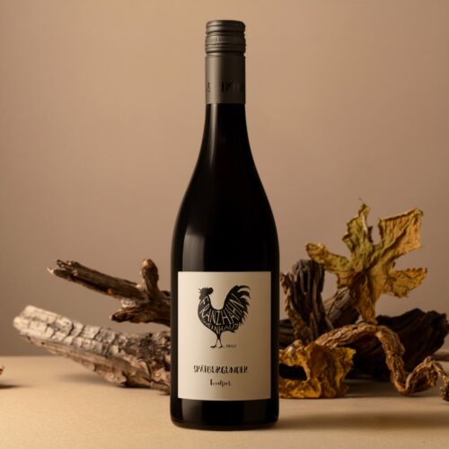 Eine Flasche Spätburgunderwein mit einem Hahn auf dem Etikett steht aufrecht. Dahinter befinden sich Treibholzstücke und getrocknete Herbstblätter auf einem neutralen Hintergrund.