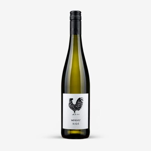 Eine hohe, grünliche Weinflasche mit schwarzem Schraubverschluss. Auf dem weißen Etikett ist ein schwarzer Hahn abgebildet und der Text "VID BEAUZ" und "Riesling". Die Flasche ist vor einem schlichten weißen Hintergrund abgebildet.