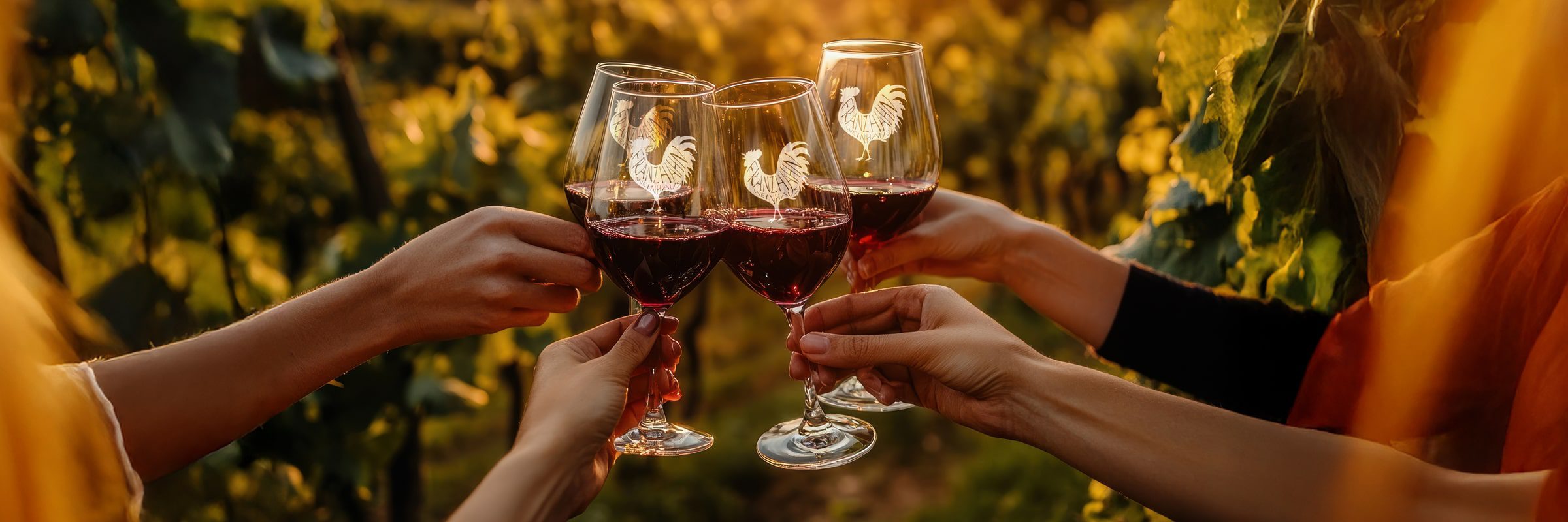 Vier Personen stoßen in einem Weinberg bei Sonnenuntergang, umgeben von grünen Weinstöcken, auf mit Rotwein gefüllte Weingläser an. Auf jedem Glas ist ein weißer Hahn abgebildet.