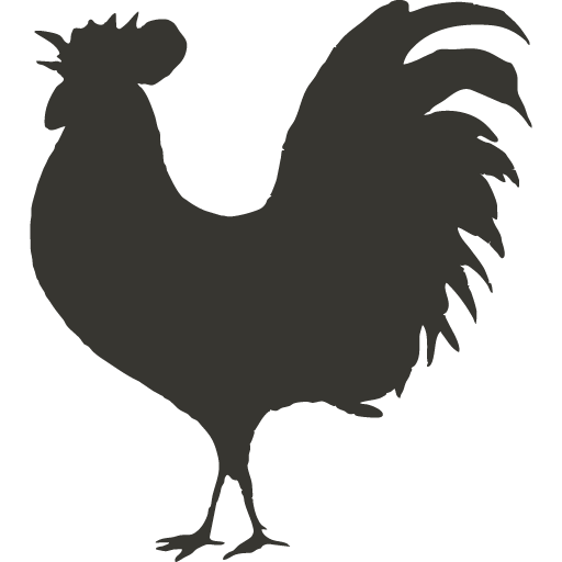 Eine solide schwarze Silhouette eines Hahns, der aufrecht steht und nach rechts blickt, mit einem ausgeprägten Kamm, gebogenen Schwanzfedern und sichtbaren Beinen und Schnabel.