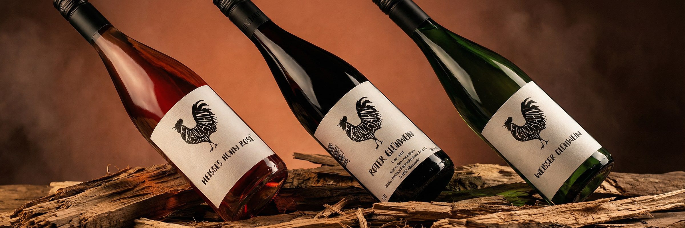 Drei Weinflaschen mit Hahnetiketten liegen auf Holzstücken vor einem braunen Hintergrund. Die Flaschen sind rot, rosé und grün und tragen die Aufschriften "Masse & Mauryose", "Mour Calandro" und "Masse & Calandro".